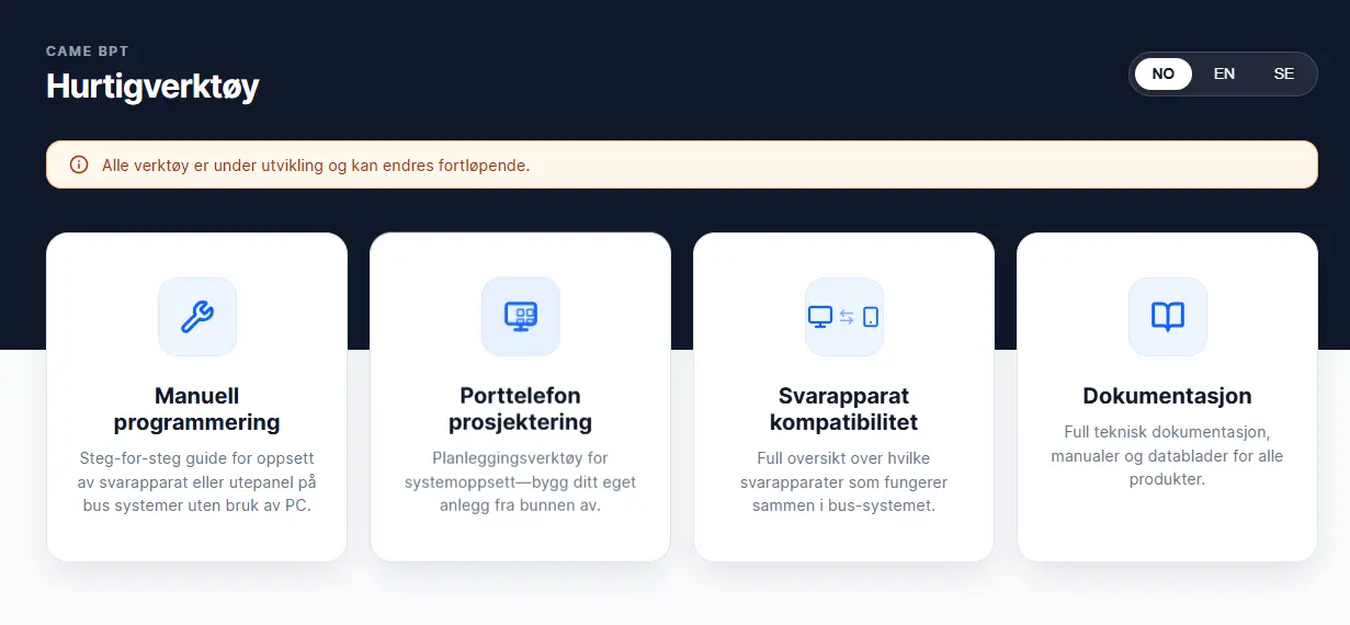 Skjermbilde av CAME BPT Quick Tool